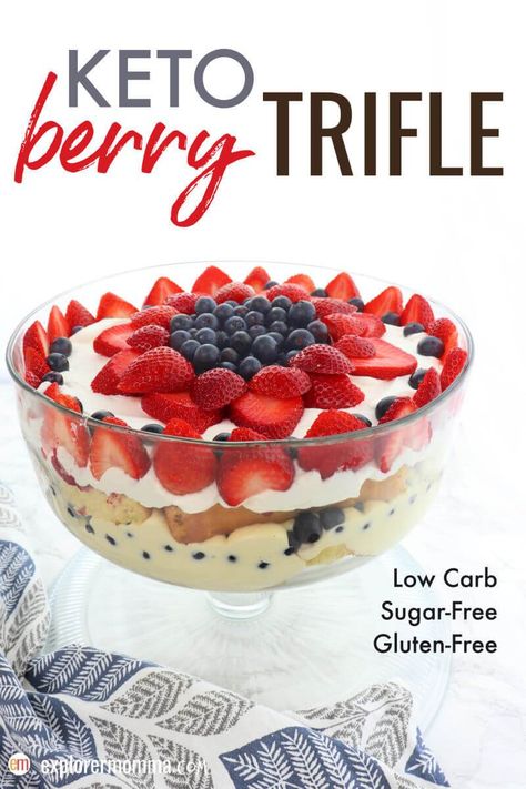 Ready to impress, Keto Berry Trifle is a delicious centerpiece for Memorial Day, the Fourth of July, or any summer party. Filled with gluten-free, sugar-free lemon pound cake, custard, berries, and cream, what's not to love!? #ketodesserts #lowcarbdesserts Keto Trifle, Keto Cobbler, Keto Puddings, Keto Favorites, Christmas Keto, Keto Board, Berries And Cream, Berry Trifle, Keto Baking