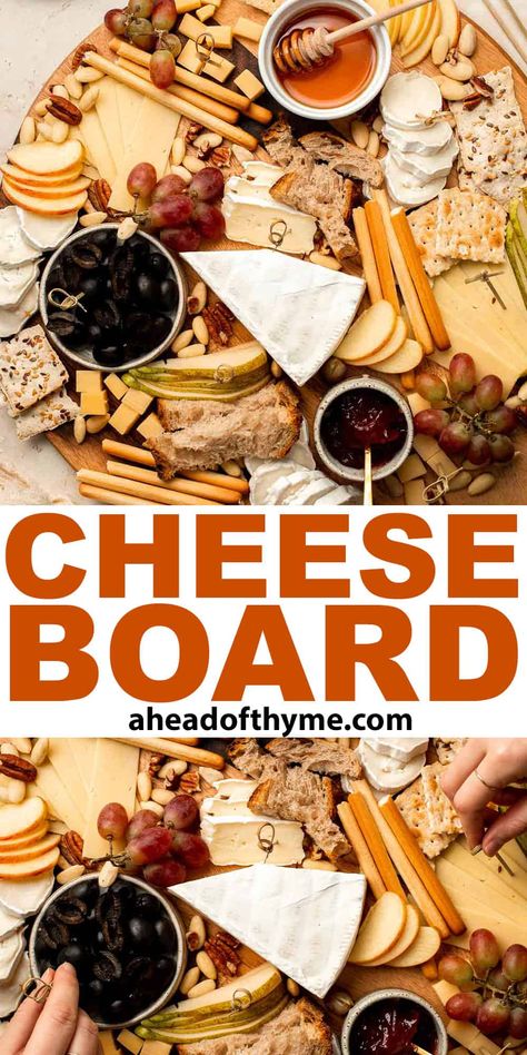 This easy Cheese Board is one of the most popular and classic appetizers you can serve at any gathering. With an assortment of cheese, bread and crackers, fresh fruit, and nuts, this spread is perfect for a dinner party, wine night, or just as a snack when you're feeling fancy. It’s also a guaranteed way to brighten up your holiday table without spending too much time in the kitchen. | aheadofthyme.com #cheeseboard via @aheadofthyme Bread And Cheese Board, Cheese And Cracker Tray Ideas, Cheese Board Ideas Simple, Ways To Slice Cheese For Charcuterie, Crackers Meat And Cheese Tray, Types Of Crackers For Cheese Board, Cheese Cracker And Meat Tray, Meat Cheese And Fruit Charcuterie Board, Fancy Cheese Board