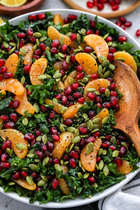 Citrus Pomegranate Kale Salad with Honey-Lemon Vinaigrette - Kalefornia Kravings Pomegranate Kale Salad, Kale Apple Salad, Apple Recipes Healthy, Just Pies, Cooking Wild Rice, Massaged Kale, Dijon Vinaigrette, Butternut Squash Risotto, Apple Salad