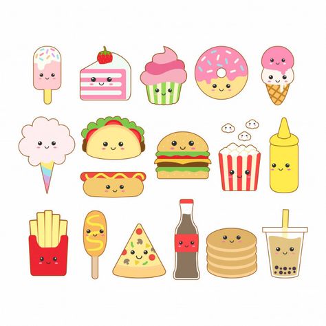 Cute kawaii junk food drawing Premium Ve... | Premium Vector #Freepik #vector #food #hand #restaurant #dog Cookie Commercial, Macaron Clipart, Junk Food Drawing, Food Drawing Easy, Burger Drawing, Doodles Kawaii, Donut Clipart, Sweets Clipart, Drawing Kawaii