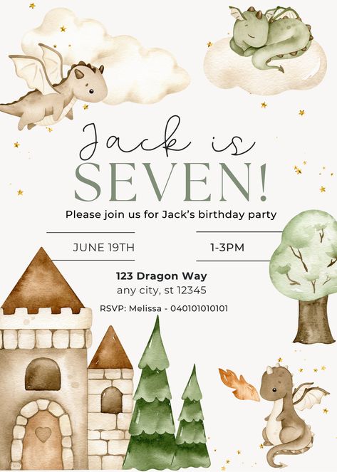 Entirely Customizable BIRTHDAY Invitation with easy to use, Canva application. Once your editable invite is fully personalized and downloaded send your evite through SMS, iMessage, email, WhatsApp or any needed platform. You can also print at home or with any print on demand service. Baby Birthday Party Invitations, Dragon Birthday Invitations, Dragon Baby Shower, Dragon Birthday, Little Dragon, Baby Birthday Party, Baby Dragon, Baby Cake, Editable Invitations