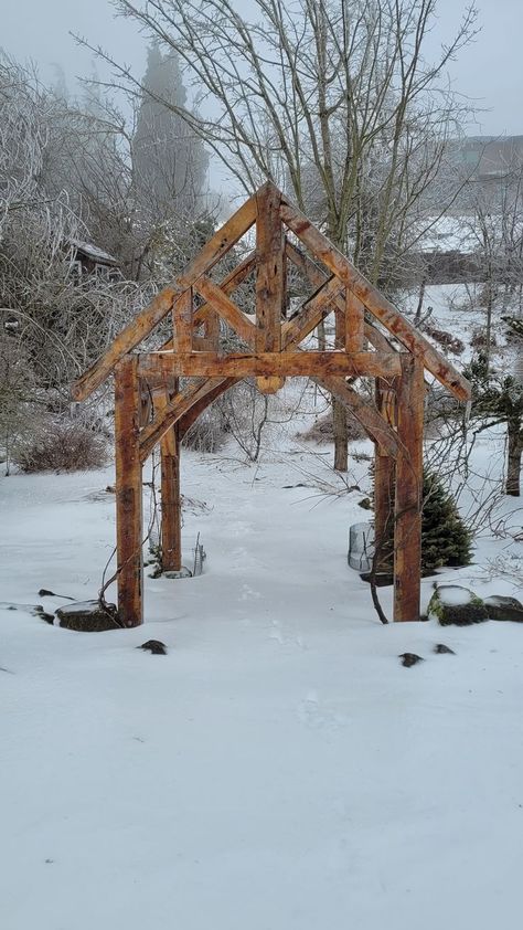 Rustic Wood Arbor, How To Build A Grape Arbor, Forest Arbor, Curved Arbor, Rustic Grape Arbor, Arbor Ideas, Grape Arbor, Timber Frame, Outdoor Projects