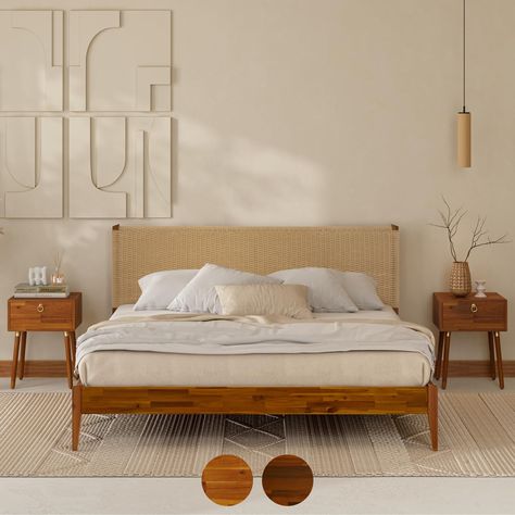 Mid Century Bedframe, Boho Bed Frame, Mid Century Bed Frame, 12 Strong, Mid Century Bed, Unique Headboards, Rattan Bed, Wicker Headboard, Wood Platform Bed Frame