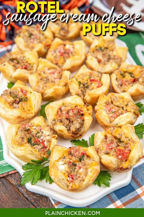 Rotel Sausage Cream Cheese Puffs - Plain Chicken Phyllo Dough Sausage Rolls, Cheesy Sausage Puffs, Sausage And Cream Cheese Wontons, Puff Pastry Sausage Bites, Sausage Rotel Crescent Rolls, Sausage Canapes, Italian Sausage Appetizer Recipes, Holiday Party Finger Foods, Morning Tailgate Food