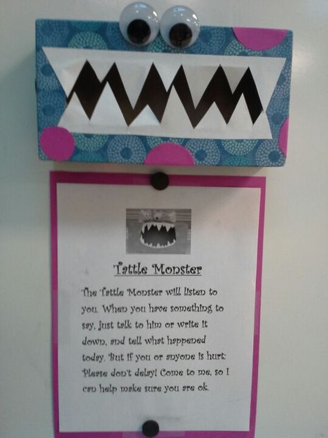 Tattle Monster made from Kleenex box Tattle Box Ideas, Worry Box Classroom, Worry Box For Kids, Tattle Box Classroom, Worry Monster Activity, Tattle Monster, Health Classroom, Worry Monster, Playful Parenting