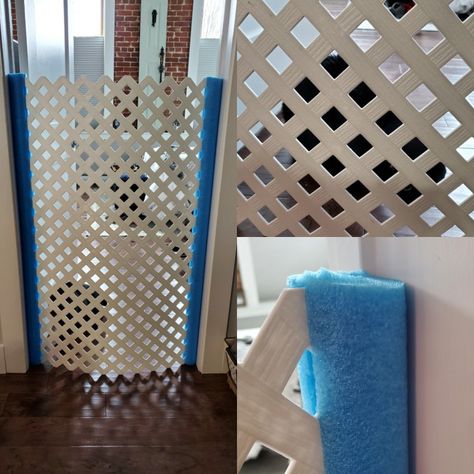 DIY cat dog pet baby gate PVC lattice cut to 1/4" less than frame 2 pool noodles Cat Gates Indoor Diy, Diy Cat Gate, Diy Cat Gates Indoor, Cat Organization, Natural Fences, Tall Pet Gate, Dog House Heater, Diy Dog Gate, Diy Gate