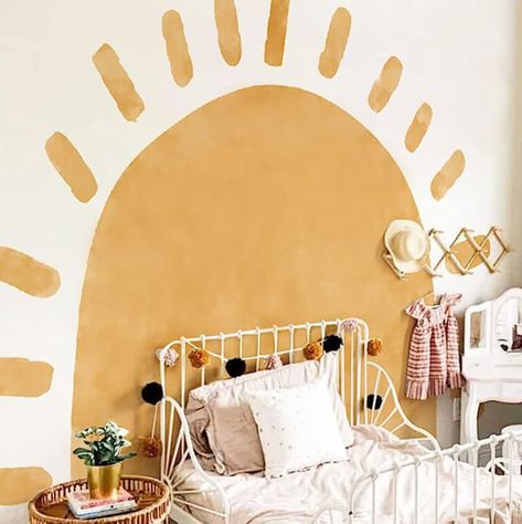 Painted Sun In Nursery, Half Sun Nursery Wall, Half Sun, Kids Room Murals, Pastel Nursery, Kids Room Paint, Toddler Girl Room, Fabric Wall Decals, Watercolor Wall