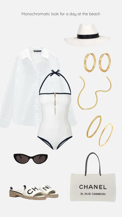 Day at the beach #outfitinspo #aesthetic #fypshuffle #fitinspo #ootd #fashion #inspo #fyp #summer #beach #beachgirl #classy #gold #white #monochromatic #jewelry #necklace #earrings #bracelets #bikiniseason Gold Beach Outfit, Elegant Beach Outfit, Elegant Swimwear, Beachy Outfits, Hawaii Outfits, Gold Beach, Outfit Classy, Fashion Vocabulary, Future Outfit