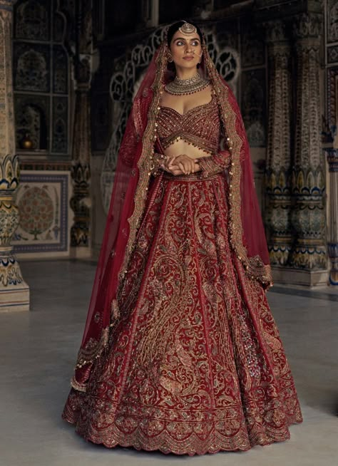 Red Embroidered Bridal Lehenga Set Nitika Gujral - Fabilicious Fashion Desi Bridal Lehenga, Beautiful Red Bridal Lehenga, Indian Wedding Outfits Bridal Lehenga Red And Gold, Simple Wedding Lehenga Bridal Red, Velvet Red Lehenga, Bright Red Wedding Lehenga, Simple Red Bridal Lehenga Pakistani, Royal Red Lehenga Bridal, Rajasthani Wedding Lehenga