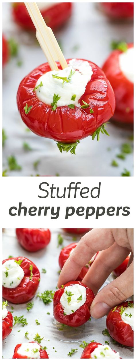 Stuffed Cherry Peppers Appetizer Recipe - hot red cherry peppers, stuffed with a creamy mixture of cream cheese and feta. Great appetizer year round. via @cookinglsl Sweet Cherry Peppers, Stuffed Cherry Peppers, Cherry Pepper Recipes, Cherry Bomb Pepper, Cream Cheese Stuffed Peppers, Hot Pepper Recipes, Cherry Peppers, Peppadew Peppers, Pickled Cherries