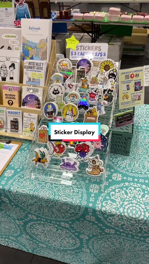 Cute Sticker Display, Display Stickers For Sale, Craft Booth Sticker Display, Acrylic Sticker Display, Stickers Display Booth, Sticker Display Ideas Retail Diy, Vendor Sticker Display Ideas, Ways To Display Stickers For Sale, Sticker Holder Display