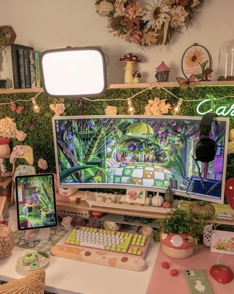 Botanical Pc Setup, Studio Ghibli Desk, Cottagecore Ghibli, The Secret World Of Arrietty, Strawberry Mouse, Gamer Desk, Secret World Of Arrietty, Cozy Gaming, Cozy Desk