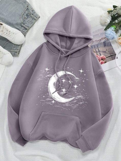 Women's Star & Moon Pattern Hoodie Mauve Purple Casual  Long Sleeve Fabric Galaxy Pullovers Slight Stretch Fall/Winter Women Clothing, size features are:Bust: ,Length: ,Sleeve Length: Hoody For Women, Hoodies For Winter, Winter Hoodies Womens, Shein Hoodie, Hoodie Art Design, Winter Hoodie Outfit Women, Temu Stuff, Hoodies For Women, Cute Hoodies For Women