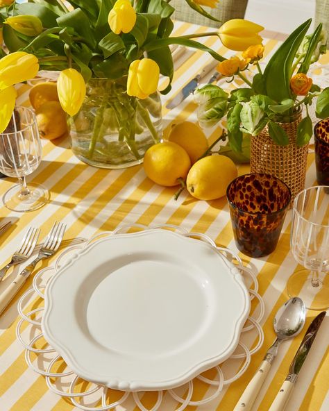 The Perfect Summer Table for our English Heatwave 🔥☀️ We paired our favourite Yellow and White Striped Tablecloth with our White Cabana Placemats, Tortoiseshell Glasses and Rattan Vases. Shop our Summer tableware at voicollective.com #voicollective #tableware #tablescape #tables #tabletop #interiorinspiration #summertables #summerinspiration #italianriviera #colour #colourinspiration #flowers #tablescaping #flowers #floristry #inspiration Yellow Weddings, Striped Tablecloth, Tortoiseshell Glasses, Italian Inspired Wedding, Summer Interior, Summer Tablescapes, Tortoise Shell Glasses, Striped Tablecloths, Summer Table