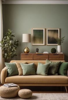 Gold Green Brown Living Room, Green Gold Living Room Decorating Ideas, Olive Green Wall Living Room Ideas, Studio Apartment Color Ideas, Gold Couches Living Room, Sage Green Gold Living Room, Dark Green And Gold Living Room Decor, Green Beige Color Palette Living Room, Green Gold Wood Living Room