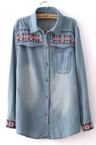 Shirt Designs For Women, Embroidery Denim, Blue Denim Shirt, Long Sleeve Denim Shirt, Denim Shirts, Denim Blouse, Embroidered Denim, Blue Long Sleeve, Embroidered Top