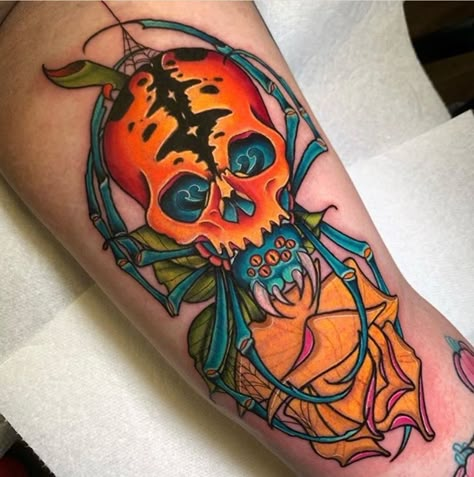 50+ Spooky Halloween Tattoo Ideas - The XO Factor Spooky Spider Tattoo, Spooky Forarm Tattoos, Skull Bug Tattoo, Spooky Japanese Tattoo, Neotrad Spider Tattoo, Halloween Tattoos Ideas, Neo Traditional Spider, Halloween Tattoo Color, Colorful Spider Tattoo