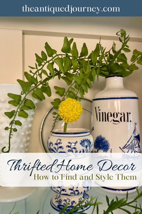 vintage blue and white jars styled in a hutch Thrift And Style Home Decor, Thrift Decor Ideas Living Rooms, Thrifted And Styled Decor, Thrifted Home Decor Living Room, Thrifted Vs Styled Home Decor, Styling Thrifted Decor, Thrifted Vs Styled Decor, Thrifted Decor Ideas, Thrifted Home Decor Diy Ideas