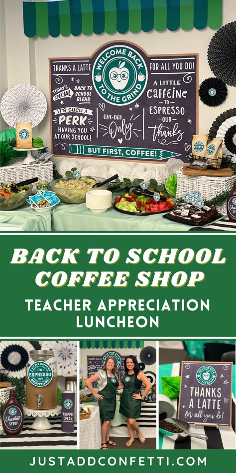 Teachers Appreciation Breakfast Ideas, Teachers Brunch Ideas, Pta Party Ideas, School Coffee Shop Ideas, Teacher Welcome Back Gifts From Pto, Coffee Staff Appreciation, Teacher Back To School Breakfast Ideas, Welcome Back Luncheon For Teachers, Coffee Bar Ideas Teacher Appreciation