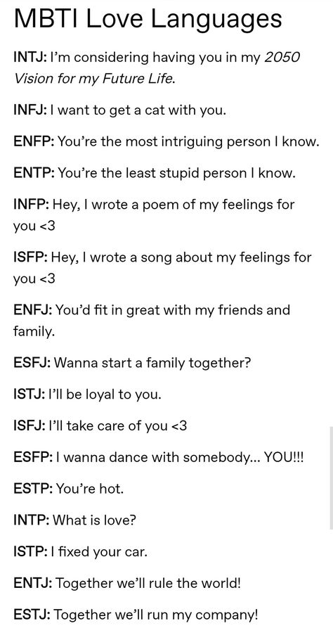 Isfp Love Language, Mbti Relationship Compatibility, Entp Love Language, Mbti Hobbies, Mbti Love Language, Mbti Scenarios, Mbti Matches, Mbti In Love, Personality Type Memes