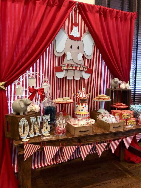 Check out this amazing Vintage Circus Birthday Party! The dessert table and backdrop are fantastic!! See more party ideas and share yours at CatchMyParty.com #catchmyparty #vintagecircusbirthdayparty #circus #carnival #boybirthdayparty Vintage Circus Birthday Party, Circus Themed Birthday Party, Dumbo Birthday Party, Circus 1st Birthdays, Circus Birthday Party Theme, Vintage Circus Party, Carnival Birthday Party Theme, Circus Carnival Party, Circus Theme Party