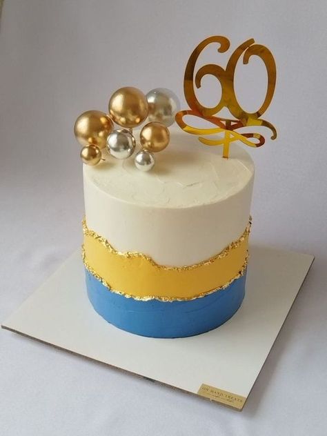 Blue And Gold Anniversary Cake, Birthday Cake Idea For Men, Blue And Gold Birthday Cake, Yellow Cake Design, Blue And Yellow Cake, Blue Gold Cake, Gold Anniversary Cake, New Year Cake Designs, Blue And Gold Birthday