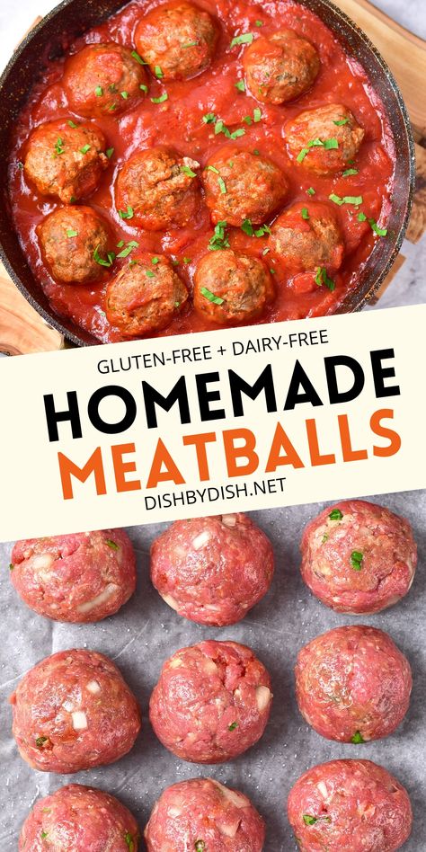 Flavorful, tender and easy to make, these gluten-free meatballs are perfect for eating over pasta or with a slice of crusty bread. Keep this recipe for homemade Italian meatballs handy because you'll be making them again and again! Totally dairy-free and low-carb too! Meatballs Recipe Gluten Free, Meatballs Recipe Without Bread Crumbs, Meatball Recipes Gluten Free, Meatball Recipe Without Breadcrumbs, Gluten Free Italian Meatballs, Pork Meatballs Recipe, Dairy Free Meatballs, Spicy Meatballs Recipe, Gluten Free Meatballs Recipe