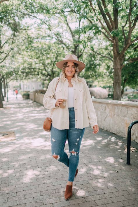 A Casual Fall Outfit \\ cream corduroy shirt jacket Cream Shirt Outfit Women Casual, Cream Womens Outfit, Cream Color Shirt Outfit, Beige Shirt Jacket Outfit, Cream Jacket Outfit Women, Outfit With Cream Jacket, Corduroy Shirt Jacket, Tshirt And Jacket Outfit Women, Cream Courdory Jacket Outfit