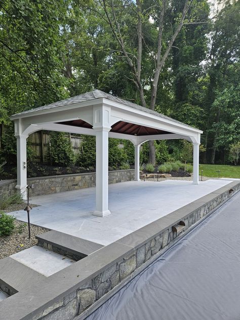 Your pool has been waiting for a Pavilion like this! Adding a pavilion to your backyard or pool area adds much needed shade during those hot summer days. The perfect place to relax, enjoy lunch, and conversate before getting right back in the pool! #party #sun #summer #followus #follow #fyp #outdoorliving #pavilion #gazebo #backyard #unwind #relax #outdoor #foryoupage #partyideas #celebrate #celebratelife #moon Outdoor Pool House Cabanas, Pool Pavilion Ideas, Outdoor Pool House, Pool House Cabana, Gazebo Backyard, Pool Gazebo, Pool Oasis, Simple Pool, Gazebo On Deck