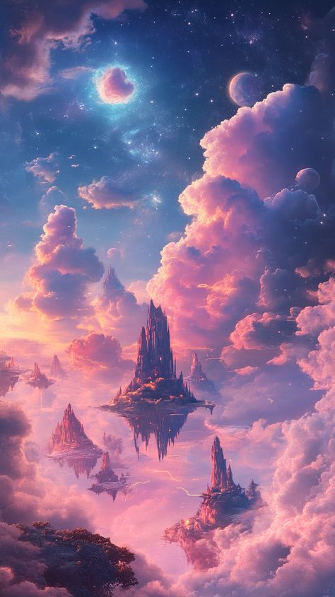 A dreamlike realm with floating islands, swirling clouds, and ethereal creatures dancing under a sky painted in vibrant hues of twilight, bathed in a mystical glow. Twilight Realm, Fae World, Enchanting Landscape, Mystical Beings, Swirling Clouds, Floating Islands, Twilight Sky, Alternate Worlds, Cloud Art