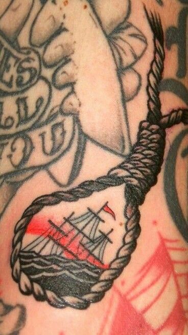 Hanging rope with sinking ship Rope Tattoo, Americana Tattoo, Island Tattoo, Brain Tattoo, Nautical Tattoo, Facial Tattoos, Ship Tattoo, School Tattoo, Little Tattoos