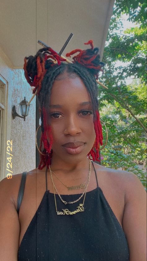 Locs And Chopsticks, Loc Styles With Chopsticks, Locs In Two Buns, Chopstick Hairstyles, Colored Bangs, Locs Inspiration, Natural Hair Care Regimen, Loc Ideas, Two Buns