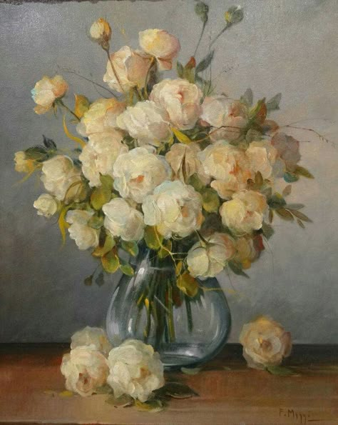 Vintage Flower Painting Aesthetic, Classic Art Flowers, White Flowers Oil Painting, Flower Painting Vintage, Bouquet Oil Painting, 1900s Paintings, Vase Of Flowers Painting, Still Life Ideas, White Roses Painting