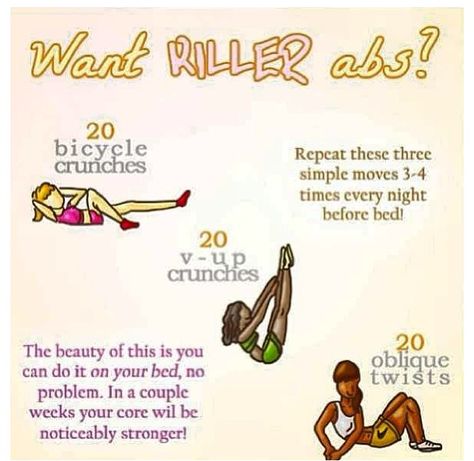 Killer Abs. 20 Bicycles, 20 V-up Crunches, 20 Oblique twists Workout Morning, Workout Quick, Quick Abs, Killer Ab Workouts, Easy Abs, Before Bed Workout, Easy Ab Workout, Bed Workout, Killer Abs