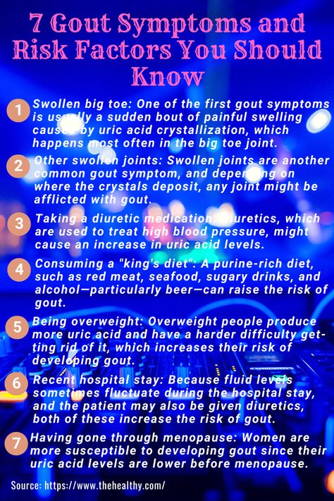 Gout is a painful and common kind of arthritis. Gout symptoms can occur if there is an accumulation of uric acid in your blood. Uric acid is a waste product that usually goes via the kidneys and exits the body through the urine. However, if the body creates too much uric acid or the kidneys cannot eliminate it quickly enough, the excess acid can form crystals in the joints, causing discomfort, inflammation, and swelling. Here are 7 gout symptoms and risk factors to be aware of. Uric Acid Symptoms, Uric Acid Food, Uric Acid Crystals, Uric Acid Levels, Uric Acid, Healthy Liver, Diet Food List, Spiritual Health, Oral Health