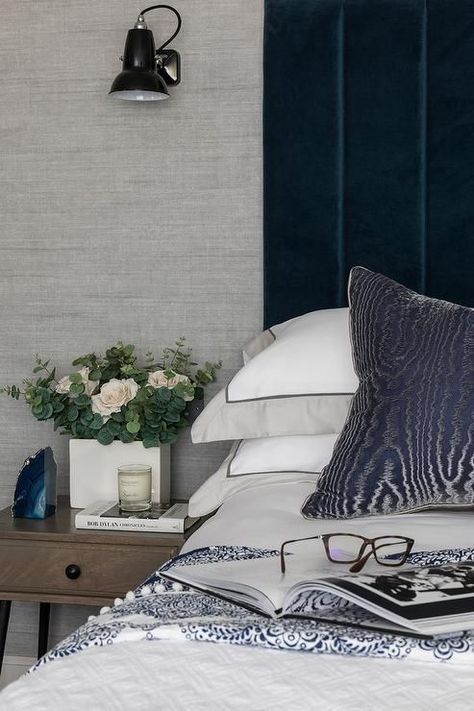 Grasscloth Bedroom, Dark Blue Bed, Channel Tufted Headboard, Design Hall, Gray Nightstand, Blue Bed, Black Interior Design, Transitional Bedroom, Tufted Headboard