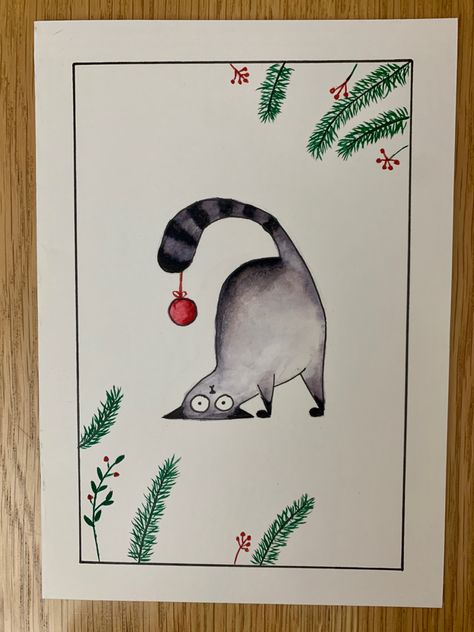 Cat Xmas Cards, Christmas Cards Children, Creative Christmas Cards Handmade, Aquarelle Christmas Card, Cute Christmas Cards Drawing, Christmas Cards Drawing Simple, Christmas Postcard Ideas, Christmas Card Ideas Funny, Aquarell Christmas Cards