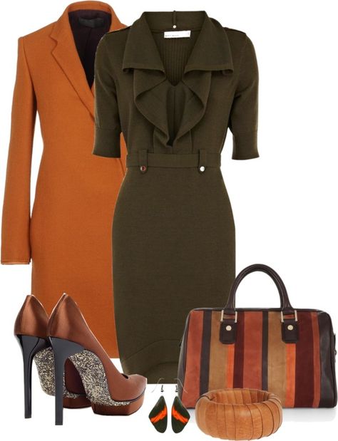 "Untitled #132" by cw21013 on Polyvore Orange And Olive Green Outfit, Olive Green Outfit, Fashionable Work Outfit, Orange Outfit, Heavy Coat, Cooler Look, Winter Outfits For Work, Green Outfit, Complete Outfits