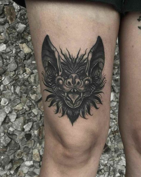 Spooky bat by Luigi Bort at Aces High Tattoo in West Palm Beach, FL : tattoos Bat Face Tattoo, Bat Head Tattoo, Vampire Bat Tattoo, High Tattoo, Bat Tattoos, Bats Tattoo Design, Bat Tattoo, Hip Tattoos Women, Spooky Tattoos