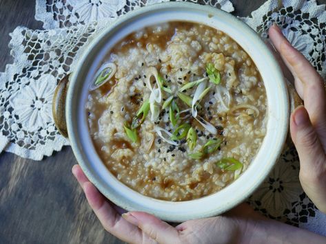 The Ultimate Recovery Congee — Nora Dummer | For the Love of Cuts and Burns Marinated Eggs, Congee Recipe, Pregnancy Meal Plan, Sesame Paste, Rice Porridge, Shiitake Mushrooms, Garlic Oil, Chicken Spices, Post Partum