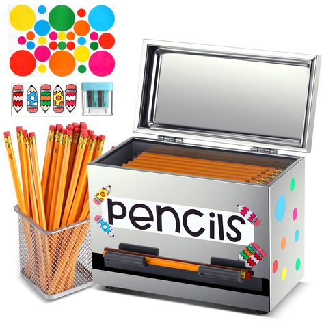 PRICES MAY VARY. PENCIL DISPENSER PACKAGE: You will get 1 pieces of Stainless Steel Pencil Dispenser, 50pieces of pencils with eraser top, Pencil Sharpener, 3 custom stickers, included "PENCILS" text, Pen Pattern，Color polka dots，Sufficient quantity will meet your using needs and you can share them with your friends LARGE CAPACITY & SIZE: These stainless steel pen dispensers are designed to measure approx. 22.8 x 11.6 x 18.4 cm/ 8.97 x 4.53 x 7.2 inches, large capacity can hold up to about 200 p Pencil Dispenser, Pencil Caddy, Plastic Pencil Box, Straw Dispenser, Pencil Organizer, Pencil Storage, Pen Pattern, Pen Organization, Pencil Cup