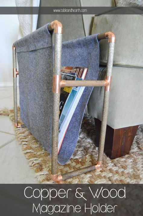 DIY Copper Magazine Rack for The Home Depot Gift Challenge - Table & Hearth Diy Magazine Holder, Burger Design, Diy Copper, Wood Magazine, Copper Diy, Small Space Storage, Single Room, Magazine Holder, Diy Magazine