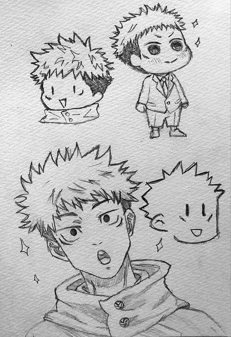 How To Draw A Chibi Face, Jjk Drawing Sketch, Drawing Simple Ideas, Itadori Cute, Yuji Drawing, Yuji Chibi, Chibi Jujutsu Kaisen, Jjk Chibi, Easy Manga Drawings