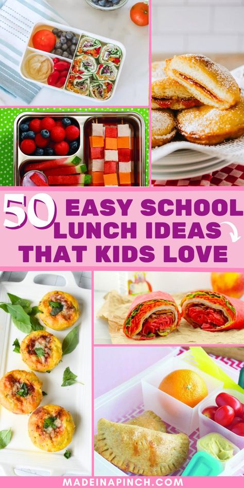 collage image of school lunch ideas for kids with text overlay Vegan School Lunch For Kids, Kids Pack Lunch Ideas, Easy Packed Lunches For Kids, Ideas For Kids Lunches Schools, 5 Min Lunch Ideas, Kids Lunch Ideas Healthy, Meal Prep For Kids Lunches, Packing Kids Lunch, Elementary Lunch Ideas Kids