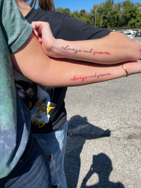 Song Lyric Tattoos For Best Friends, Vpd Tattoos, Tvd Matching Tattoos, Always And Forever Matching Tattoos, Couple Tattoos Always And Forever, Boyfriend Girlfriend Tattoos Couple Tat, Tvd Inspired Tattoos, Always And Forever Tattoo The Originals, The Originals Tattoo Ideas