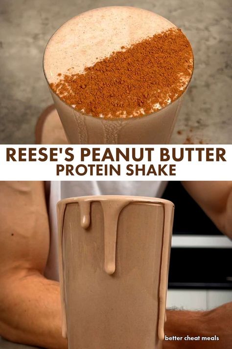 Indulge guilt-free with this creamy Reese's-inspired protein shake! 🥤✨ Low-calorie & high-protein 💪 Quick & easy - just blend & go! ⏱️ Rich chocolate-peanut butter flavor 😋 Perfect post-workout refuel 🏋️‍♀️ 🥛 Ingredients: Almond milk, chocolate protein, PB powder, cocoa, banana, ice 👩‍🍳 So simple: Blend until smooth & enjoy! Save this pin for a delicious protein boost! 📌 #proteinshake #healthyrecipes #fitnessfood #lowcalorieshake #peanutbutterchocolate #quickmeals #healthydessert #... Chocolate Pb Protein Shake, Sweet Protein Shakes, Pb Fit Protein Shake, At Home Protein Shakes, Premium Protein Shake Recipes, Frozen Protein Shake, Pb Protein Powder Recipes, Protine Shake Recipe, Protein Powder Shake Recipes