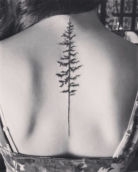 Spine Tree Tattoos For Women, Spine Tattoo Mountain, Boho Tree Tattoo, Pine Tree Spine Tattoo, Spine Tattoo Tree, Pine Tree Tattoo Back, Mountain Spine Tattoo, Tree Spine Tattoo, Nature Spine Tattoo