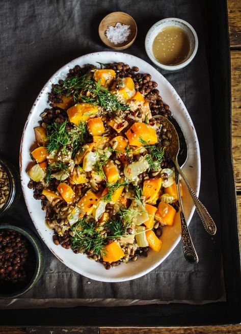 Roast Squash, Fennel & Puy Lentils with Miso Tahini Dressing Roast Squash, Seasonal Vegan Recipes, Miso Tahini, Puy Lentils, Fennel Recipes, Roasted Squash, Tahini Dressing, Cuisine Recipes, Delicious Vegan Recipes