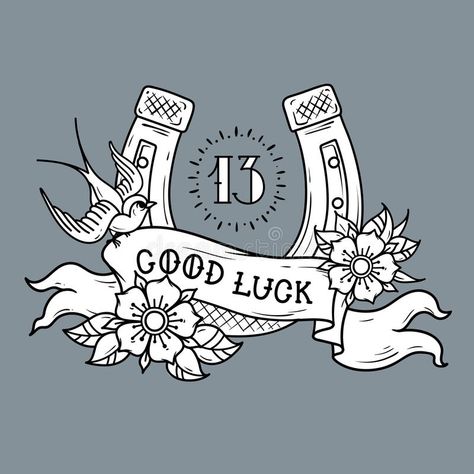 Good Luck Illustration, Luck Illustration, Rockabilly Tattoos, Lucky Tattoo, Luck Tattoo, Horse Shoe Tattoo, Tattoo Gold, Luck Symbol, 13 Tattoos