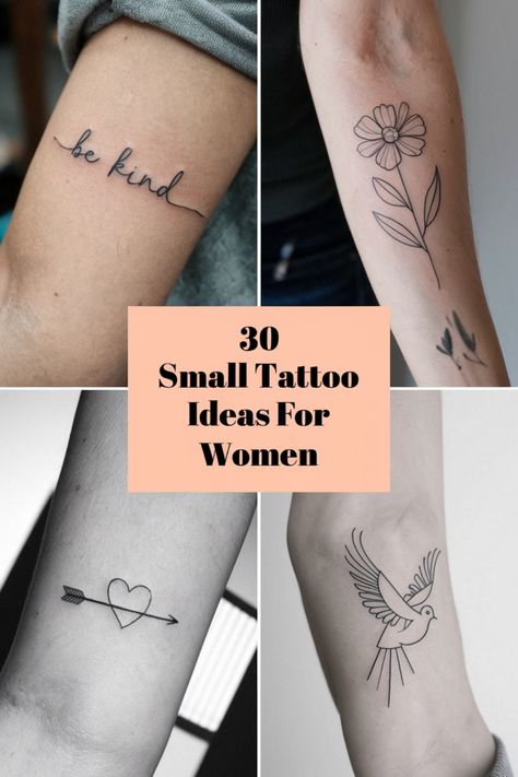 30 small tattoo ideas for women, including “be kind” text, a flower, an arrow through a heart, and a bird. Small Female Tattoos, Small Anchor Tattoos, Watermelon Nail Designs, Small Bee Tattoo, Small Tattoo Ideas For Women, Small Tattoos For Women, Tiny Heart Tattoos, Female Tattoos, Dandelion Tattoo